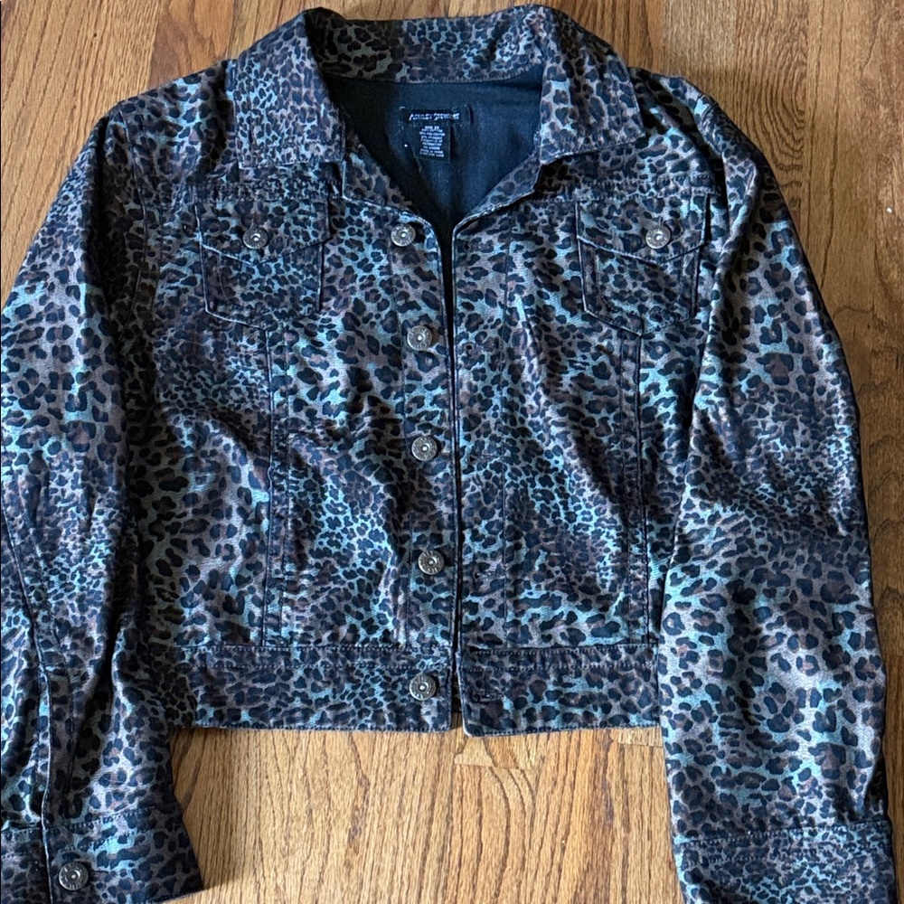 Ashley Stewart Blue and Brown Leopard Print Denim Jacket